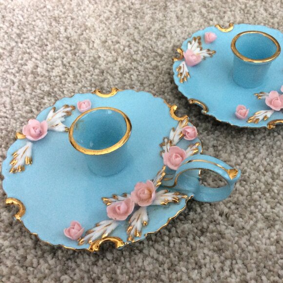 Vintage Pair of Chamber Candlestick Holders Hand Painted Japan L'Amour China - Picture 1 of 3